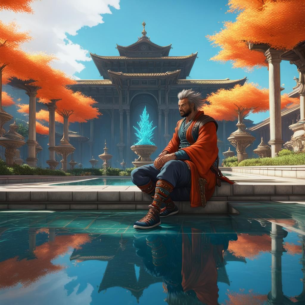 Auron Reflects in Palace Garden Pool, Art Nouveau