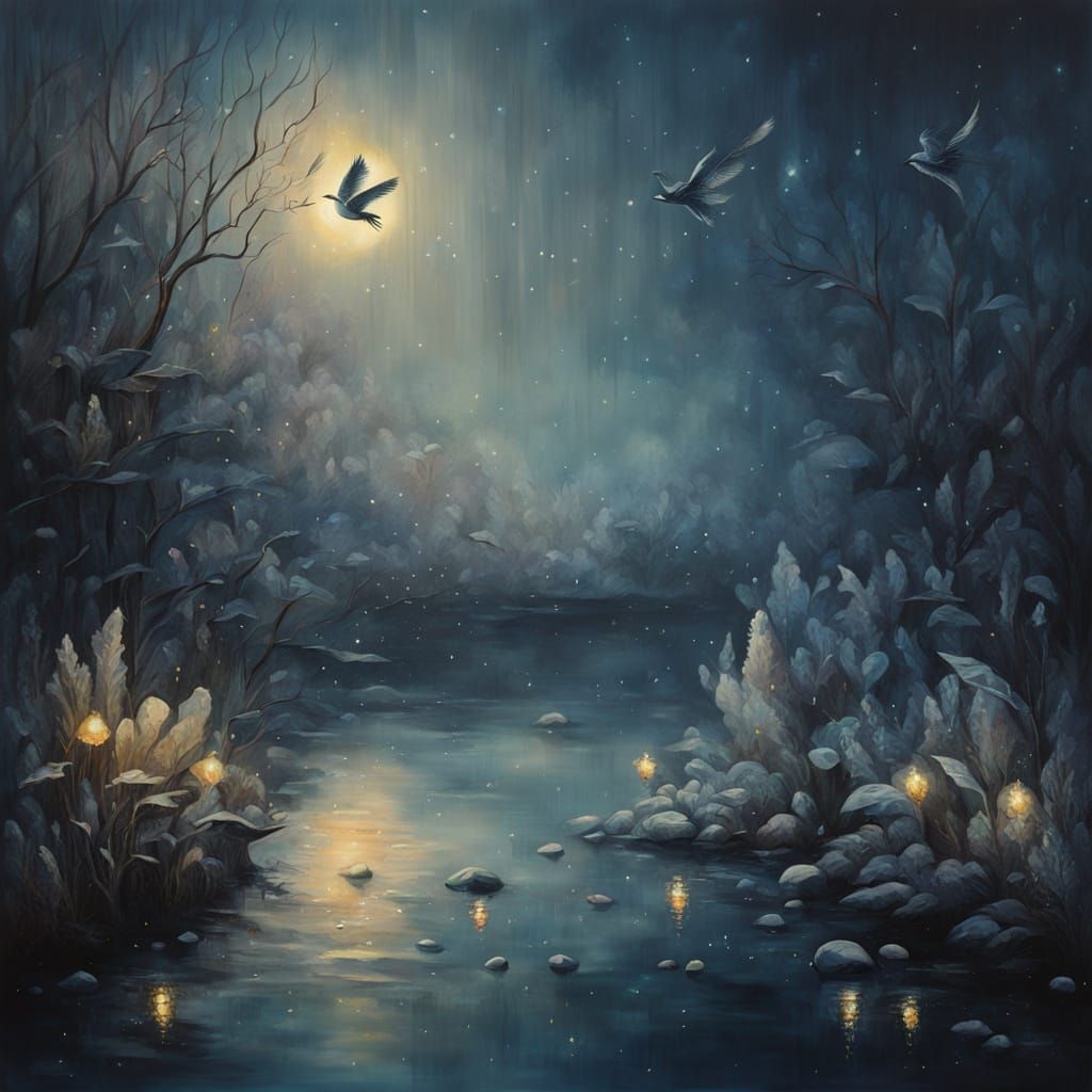 Mystical Crystals Amidst Rainbirds in Dark, Dreamy Water