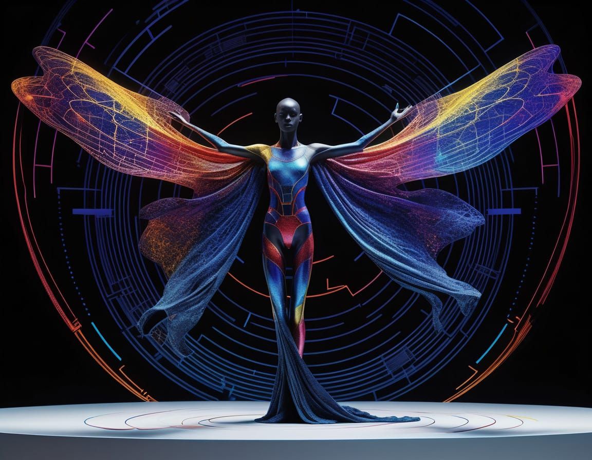 Cyberpunk Cosmic Dancer with Glowing Scales of Justice