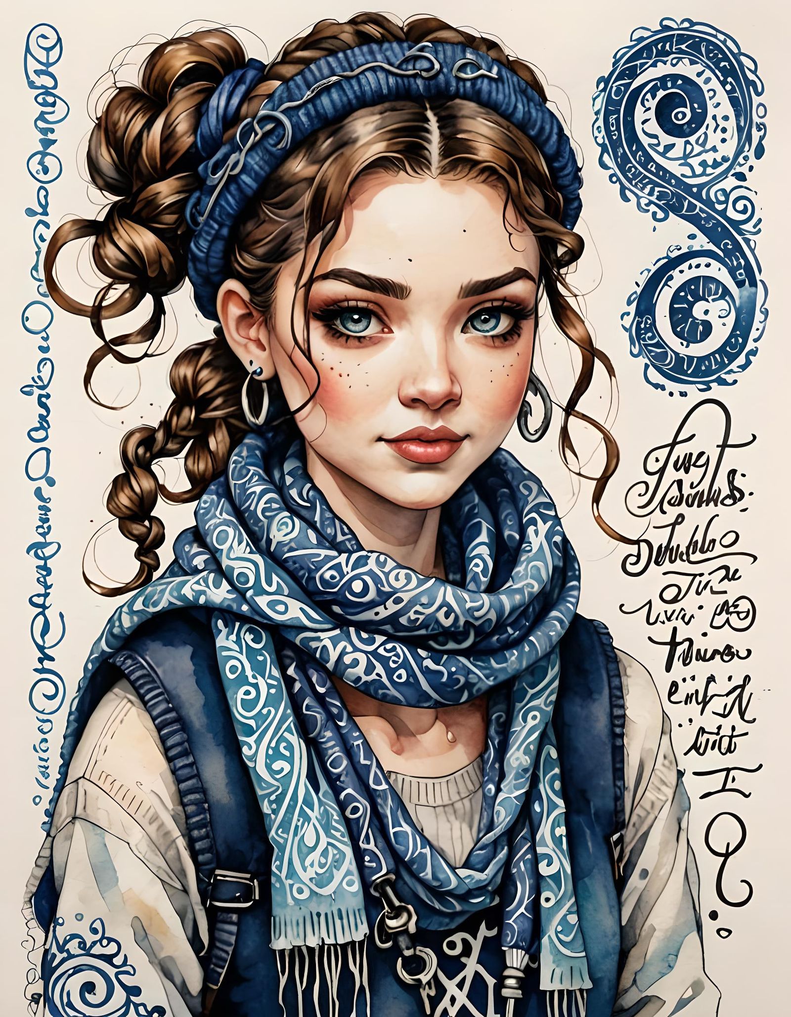 Detailed Watercolor Calligraphic Portrait in Tattoo Sketch S...