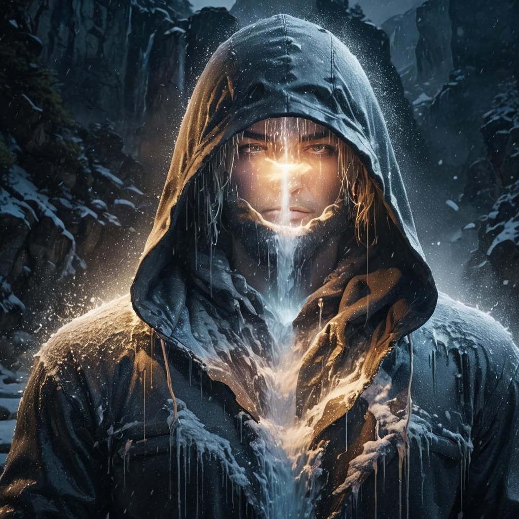 Hooded Figure Reveals Waterfall Landscape in Hyperrealism