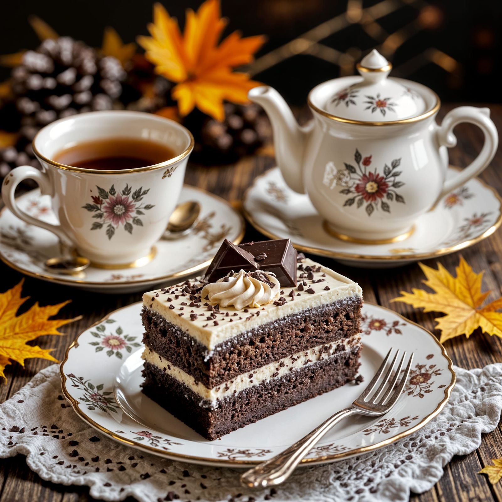 Decadent Chocolate Cake and Tea Set with Autumn Family Mood
