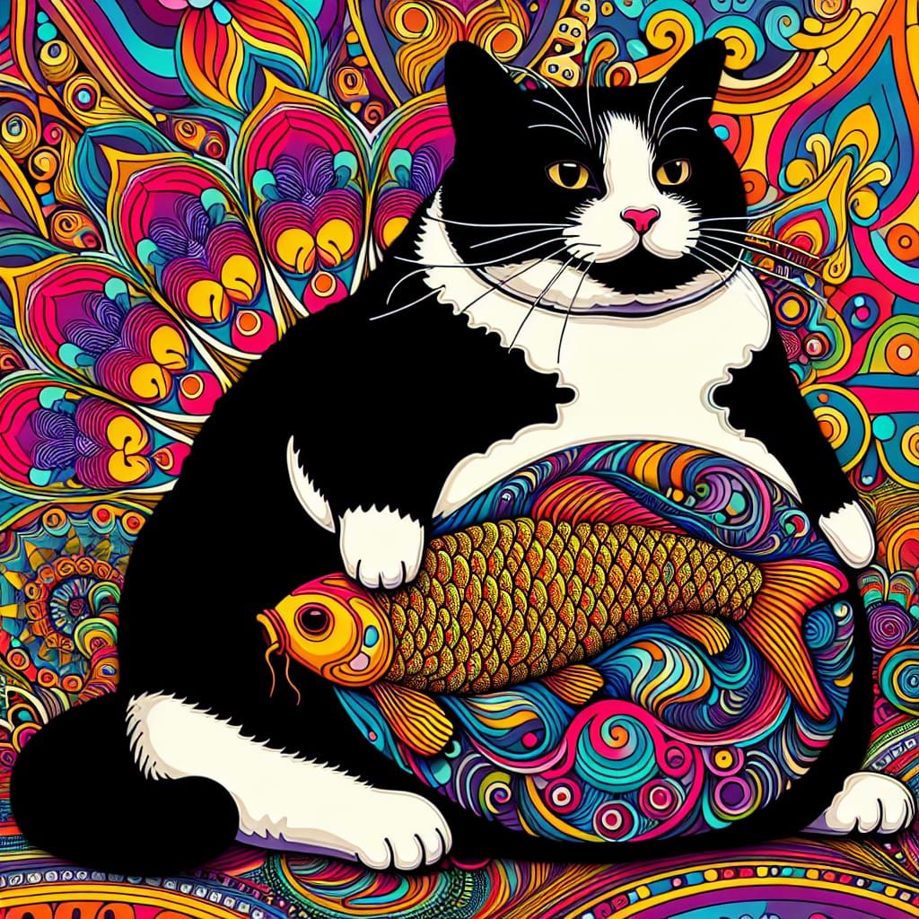 Chubby Tuxedo Cat with Koi Fish in Psychedelic Style