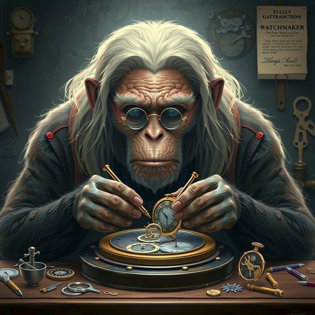 Wise Monkey Watchmaker Crafts Masterpiece in Golden Light