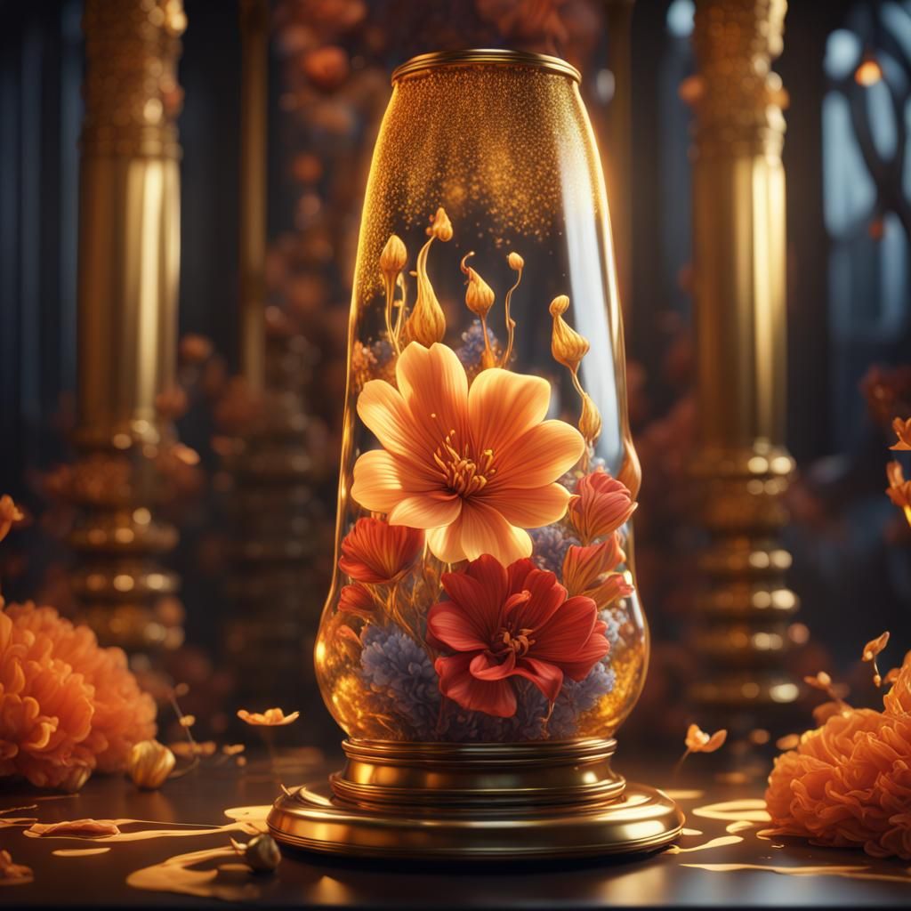 Golden Fantasy Lava Lamp with Flowers