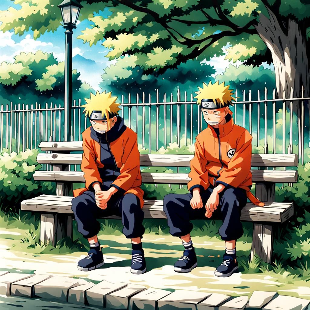 A accurate detailed image of naruto uzumaki crying at a bench in the hidden lead village under a lampost by artist "anim...
