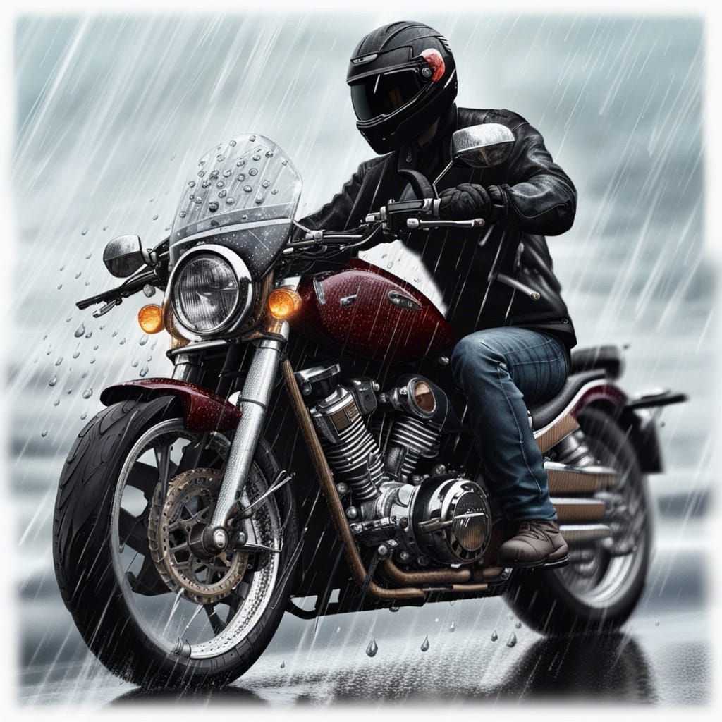Motorcyclist on Rainy Highway in Hyperrealistic Style