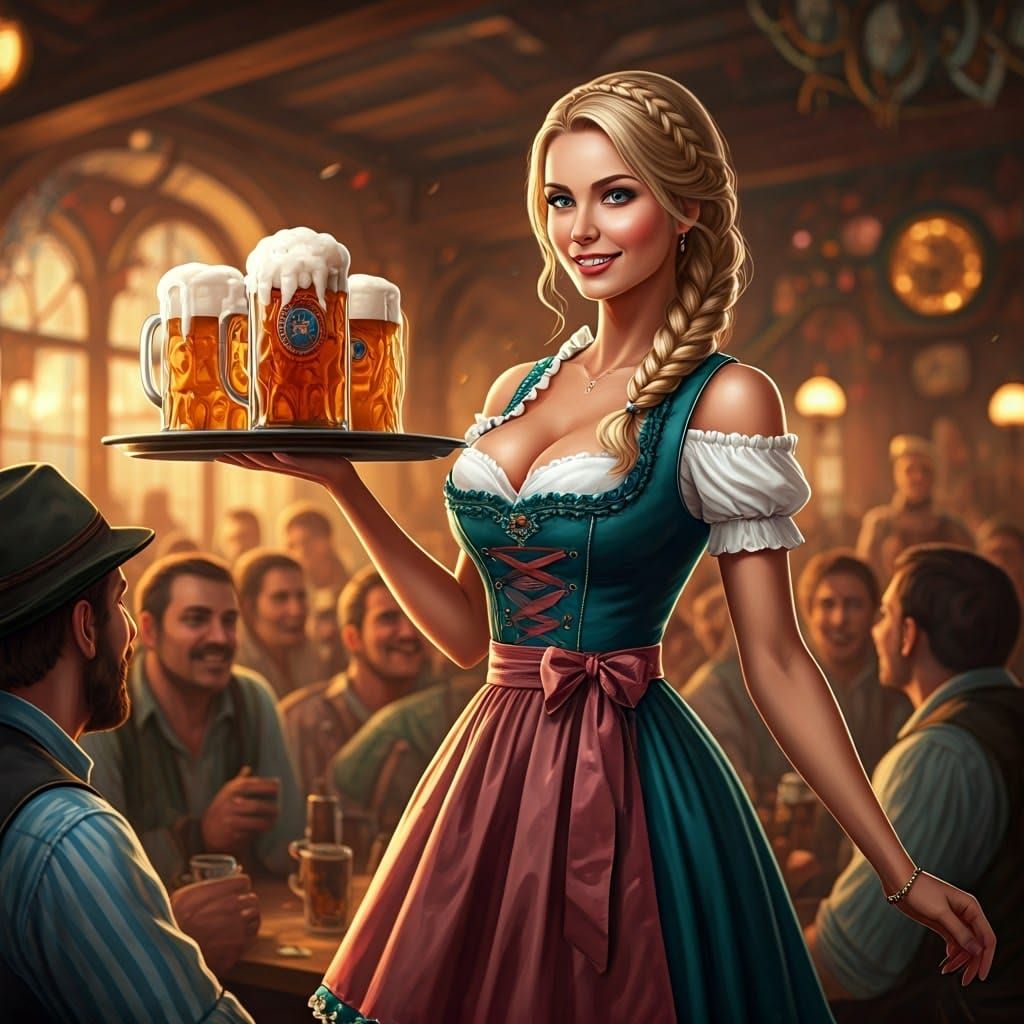 Blonde Barmaid in Traditional Dirndl Shines in Bustling Bava...