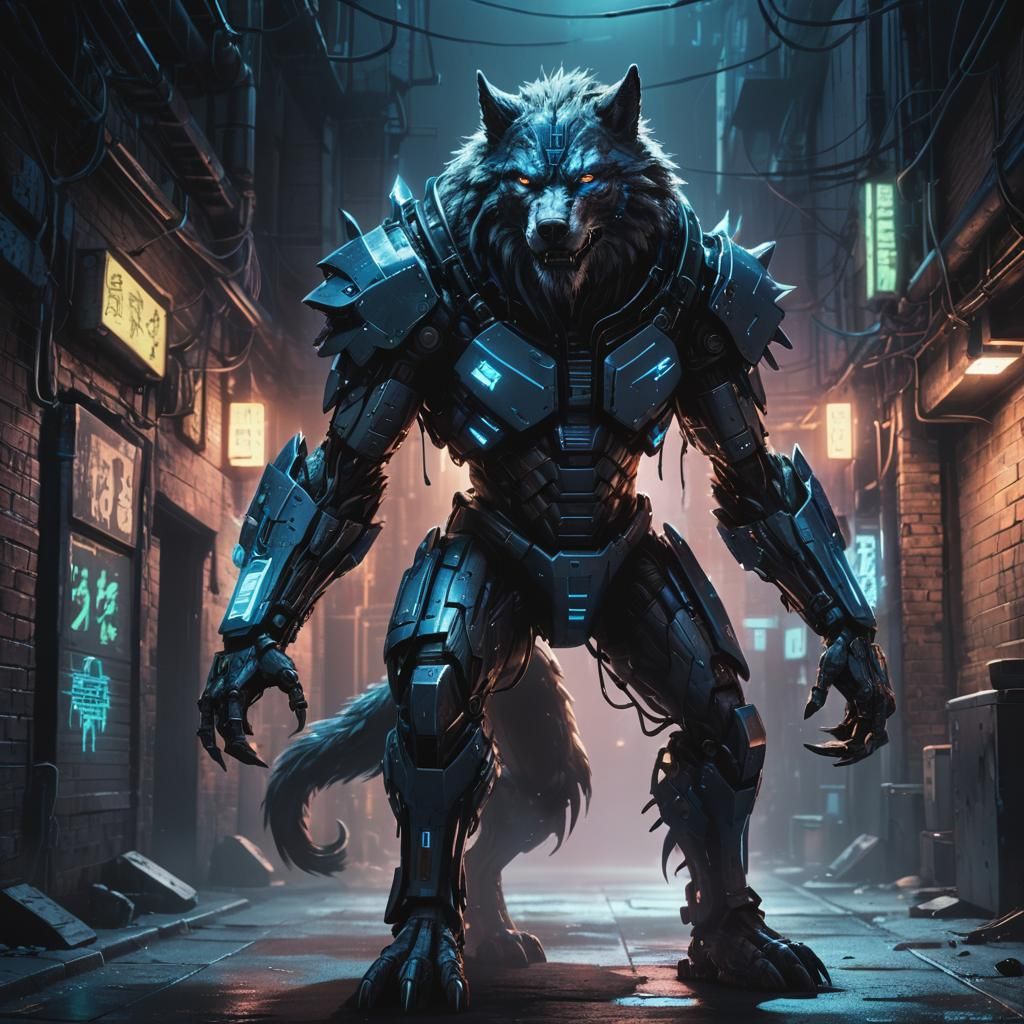 Cyberpunk Robotic Wolfman in Dark Alleyway