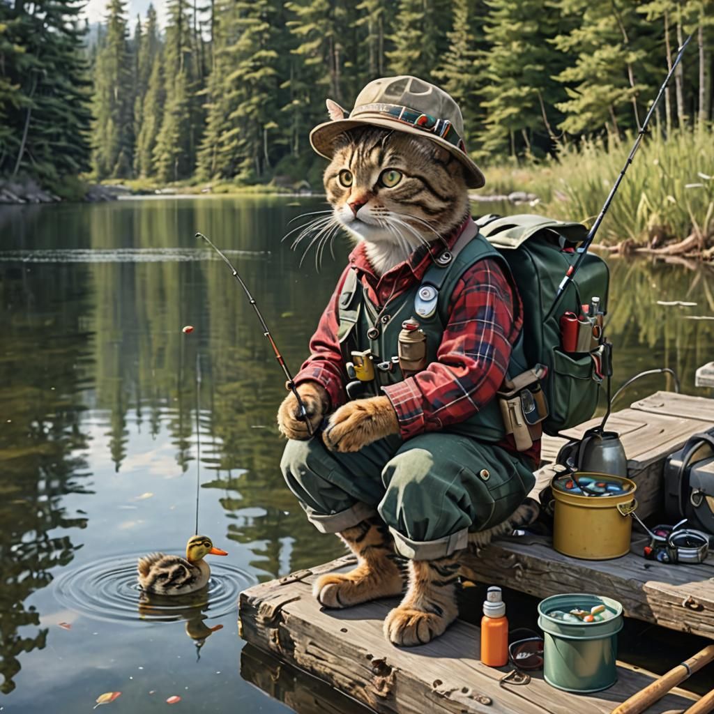 Cat Fisherman in Anime Style Ready to Catch Fish
