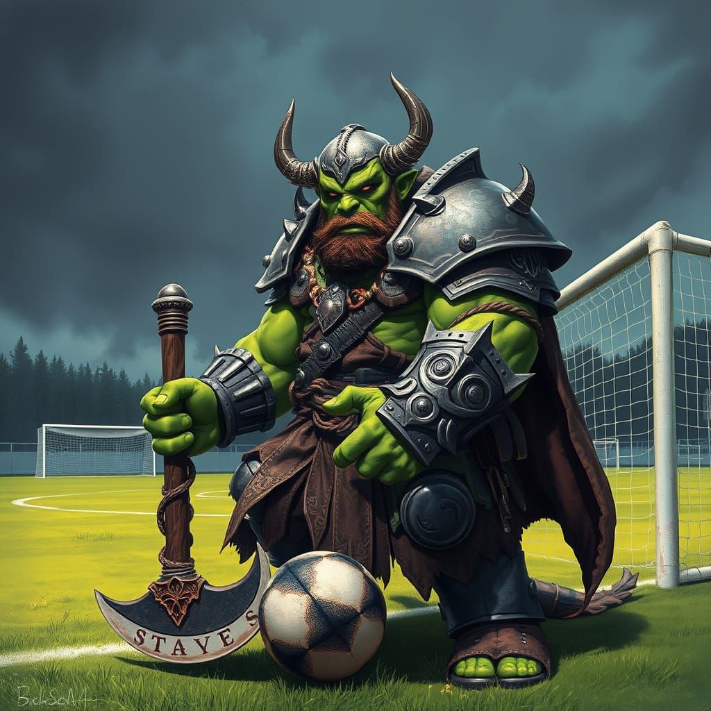 Orc Warrior on Football Field in Comic Book Style