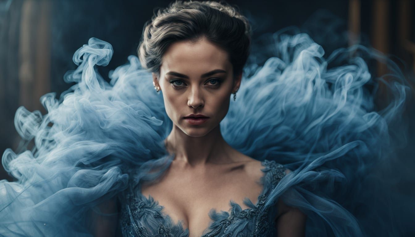 Woman in Blue Smoke Ballgown: Digital Art Portrait