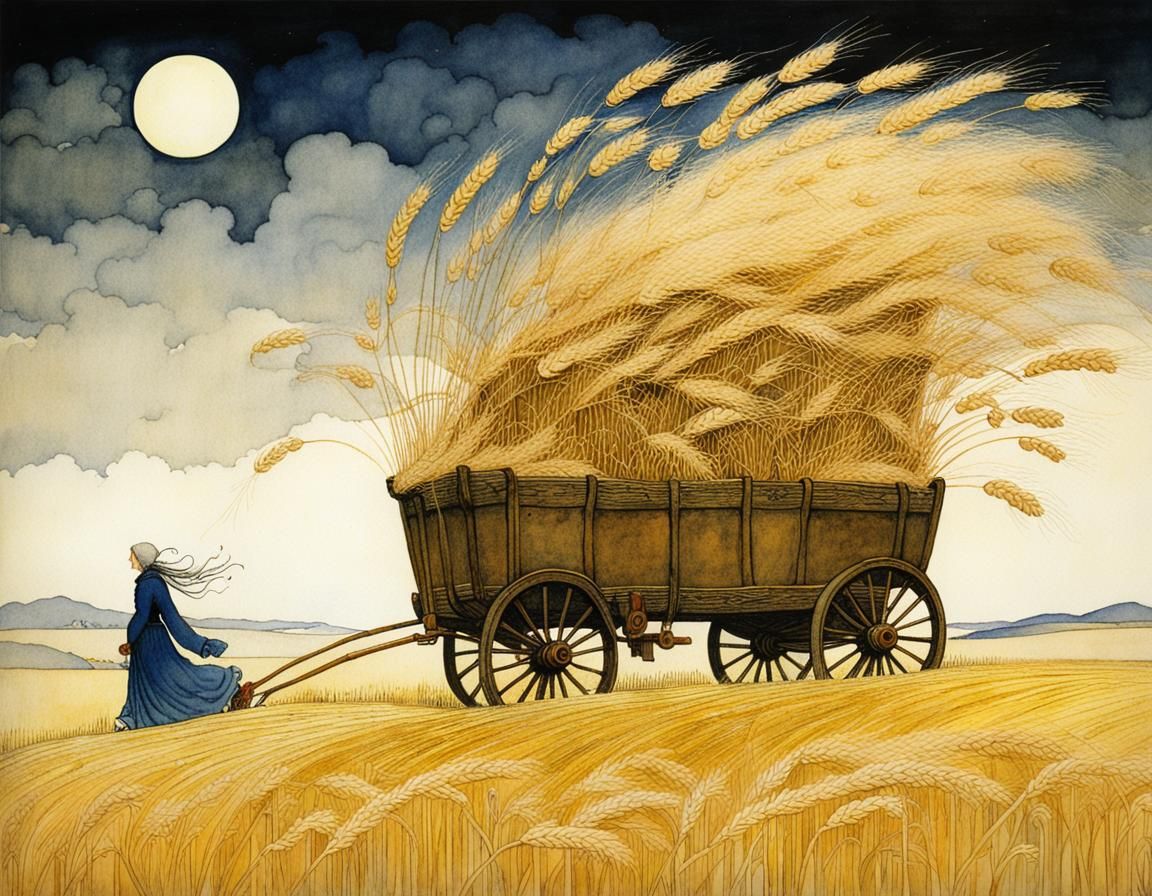 Whimsical Wheat Field Wagon in Watercolor Style