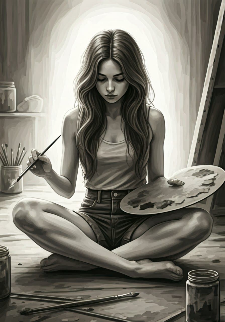 Serene Charcoal Portrait of a Young Woman in Creative Reveri...