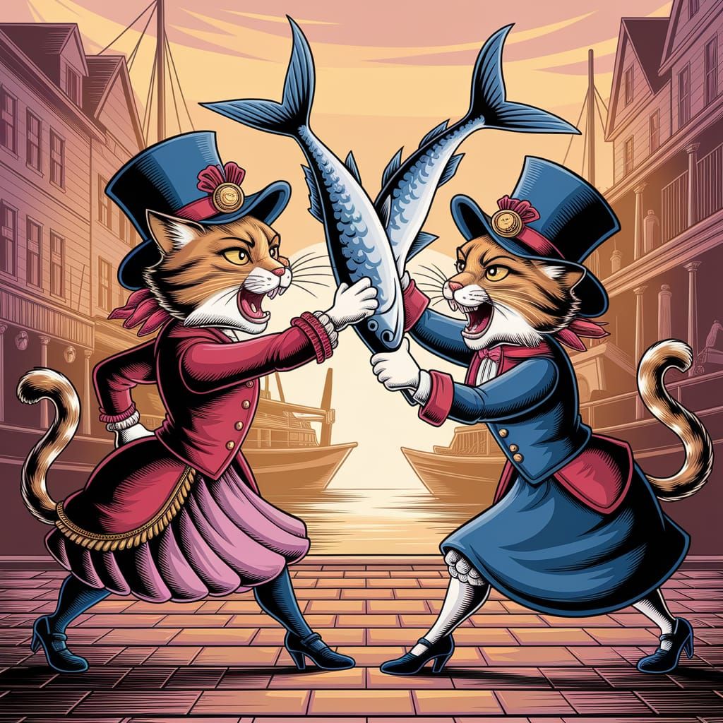 Victorian Cats Fish Fight in Whimsical Caricature Style