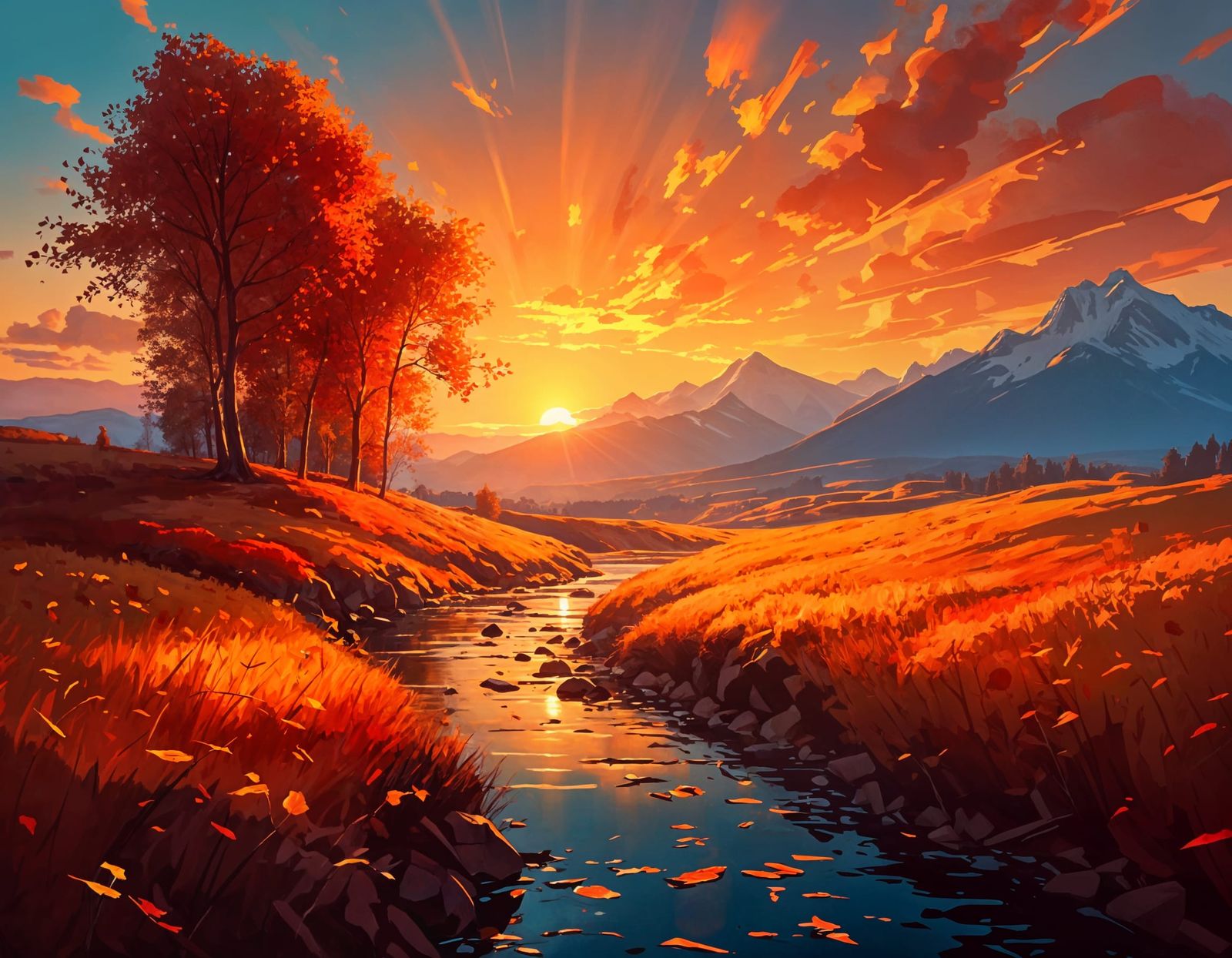 Sunset Landscape in Vibrant Autumn Colors