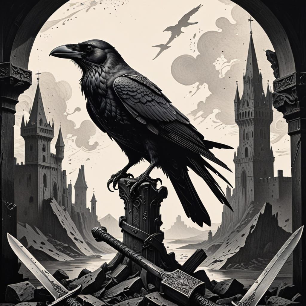 Surreal Woodcut of Raven on Weathered Sword in Battle Scene