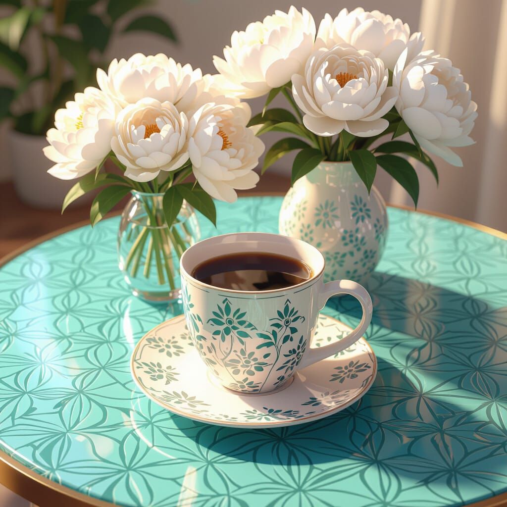 Top-Down Coffee Scene with Peonies in 3D Anime Style