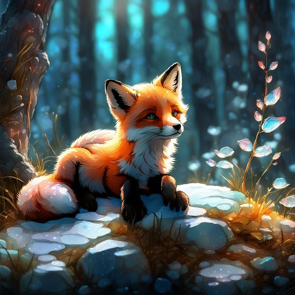 Stained Glass Fox Cub in Enchanted Forest