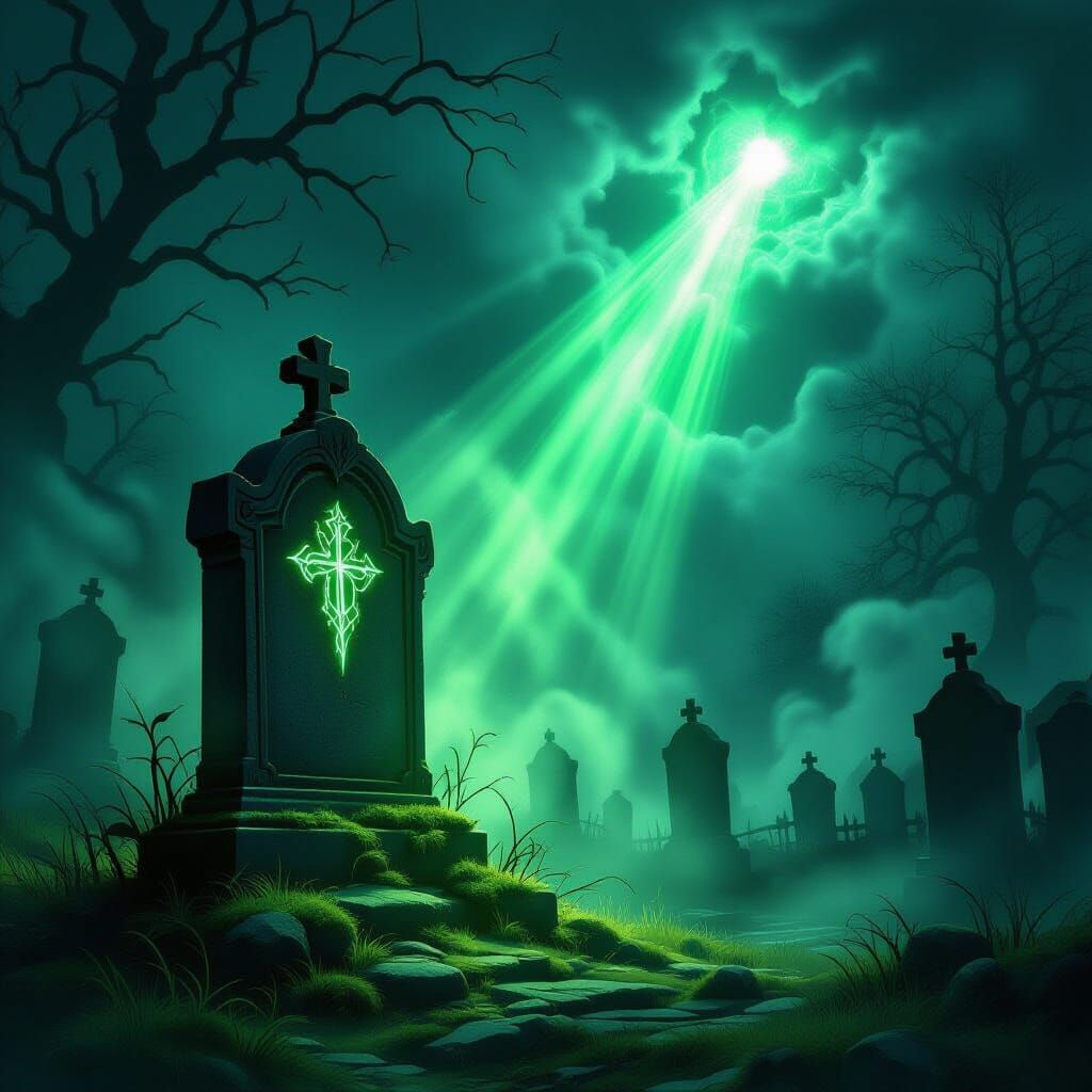 Ethereal Light from Grave in Misty Graveyard