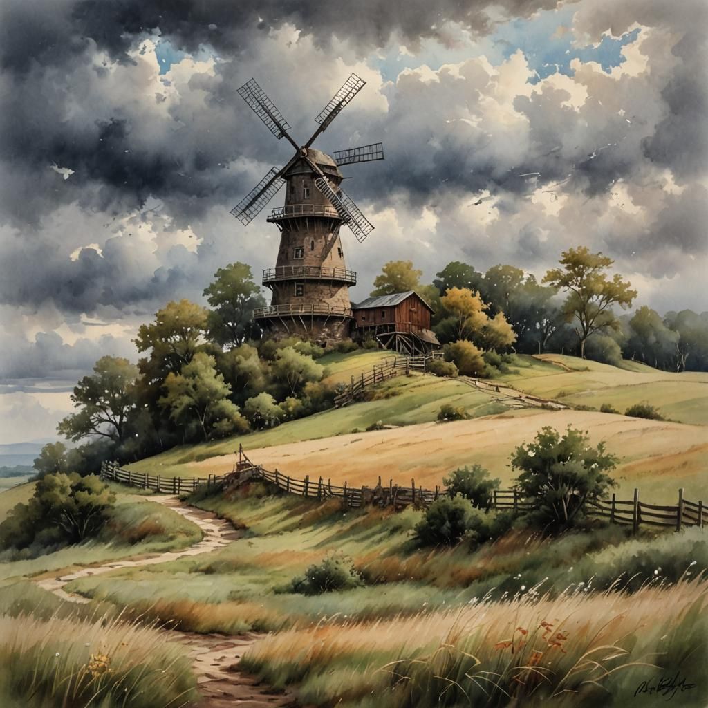 Old Windmill on Hill, Nita Engle Style