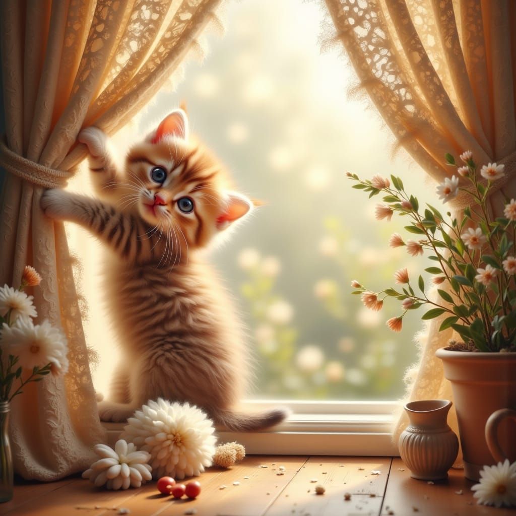 Kitten Climbing Curtain, Whimsical Art Style