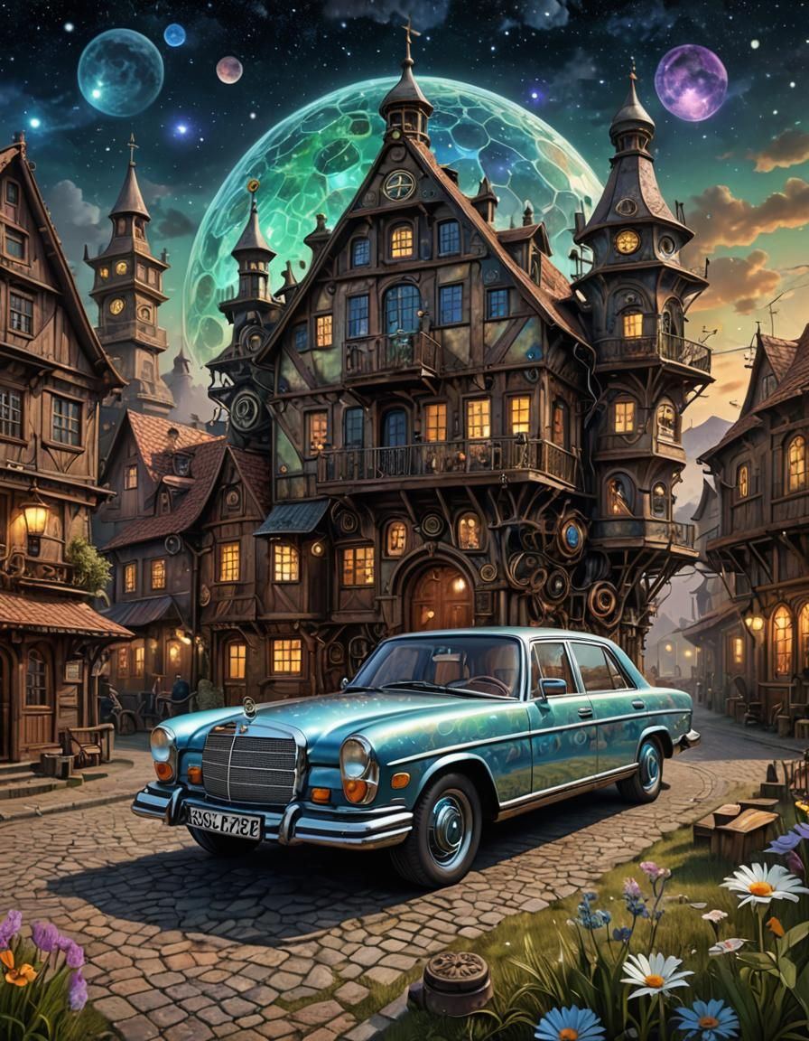 Steampunk Mercedes in Serene Village, Mixed Media