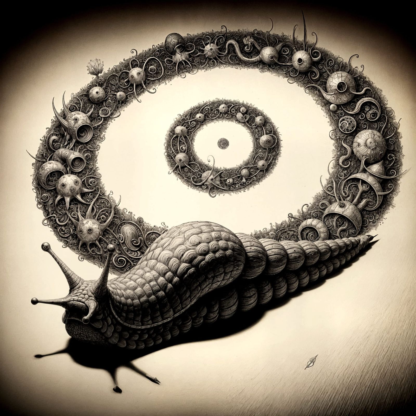 Surreal Slug Pencil Drawing on Parchment