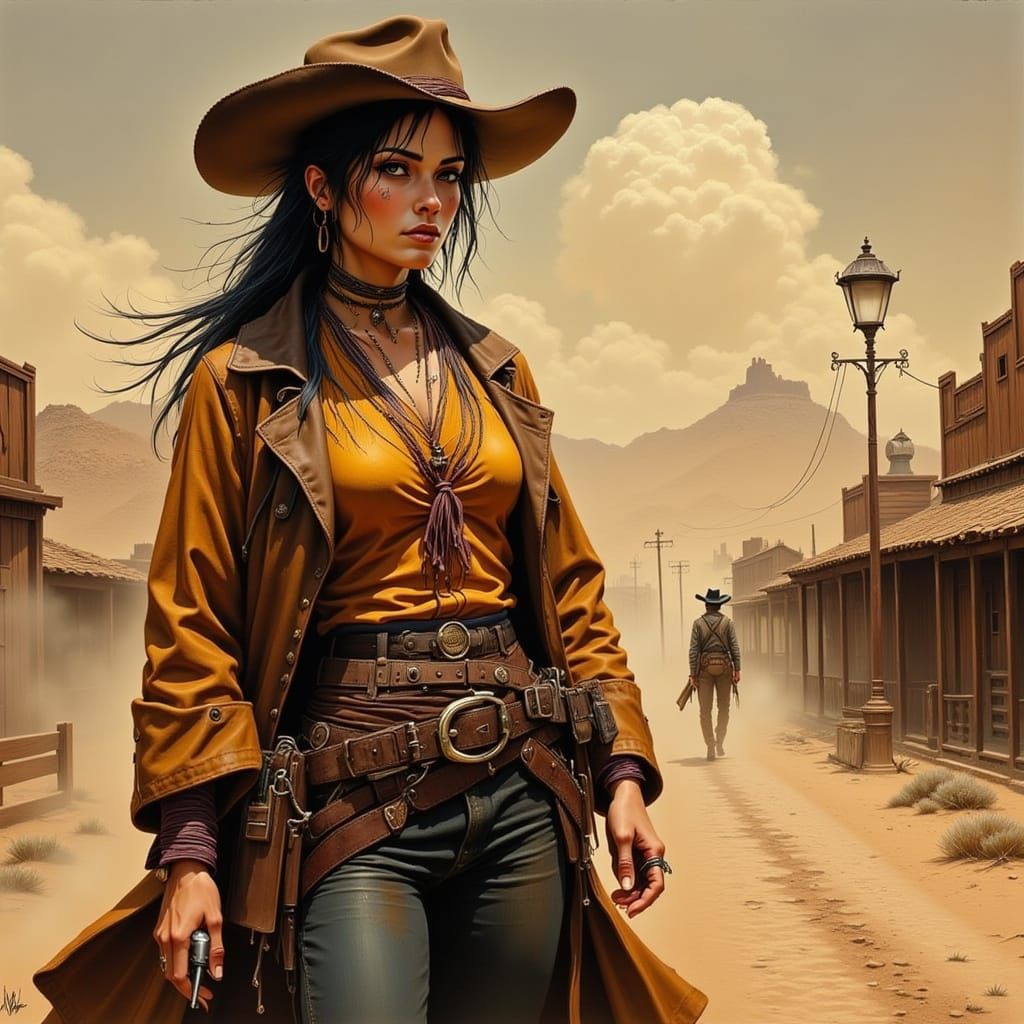 Cyberpunk Geisha Cowgirl in Old West Landscape