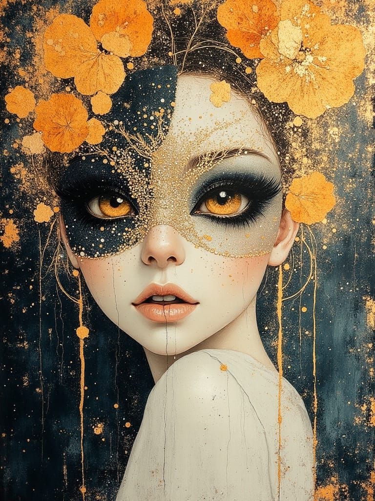 Ethereal Autumn Goddess in Abstract Mixed-Media Style