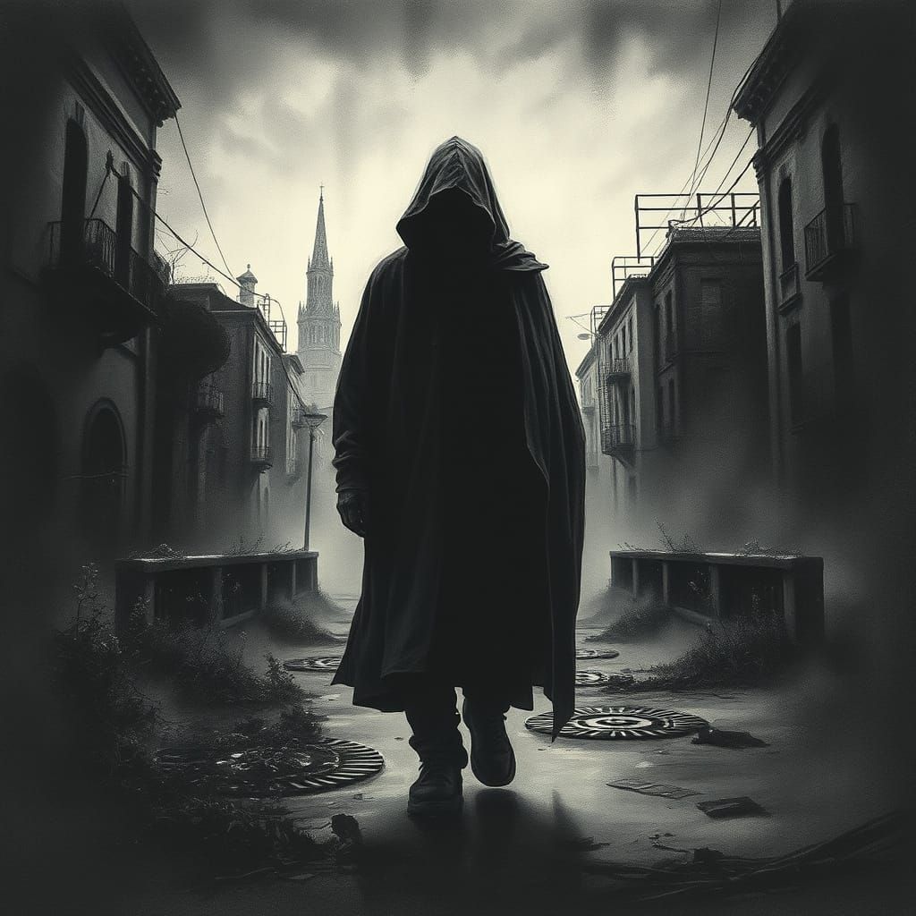 Cloaked Figure in Forgotten City at Twilight