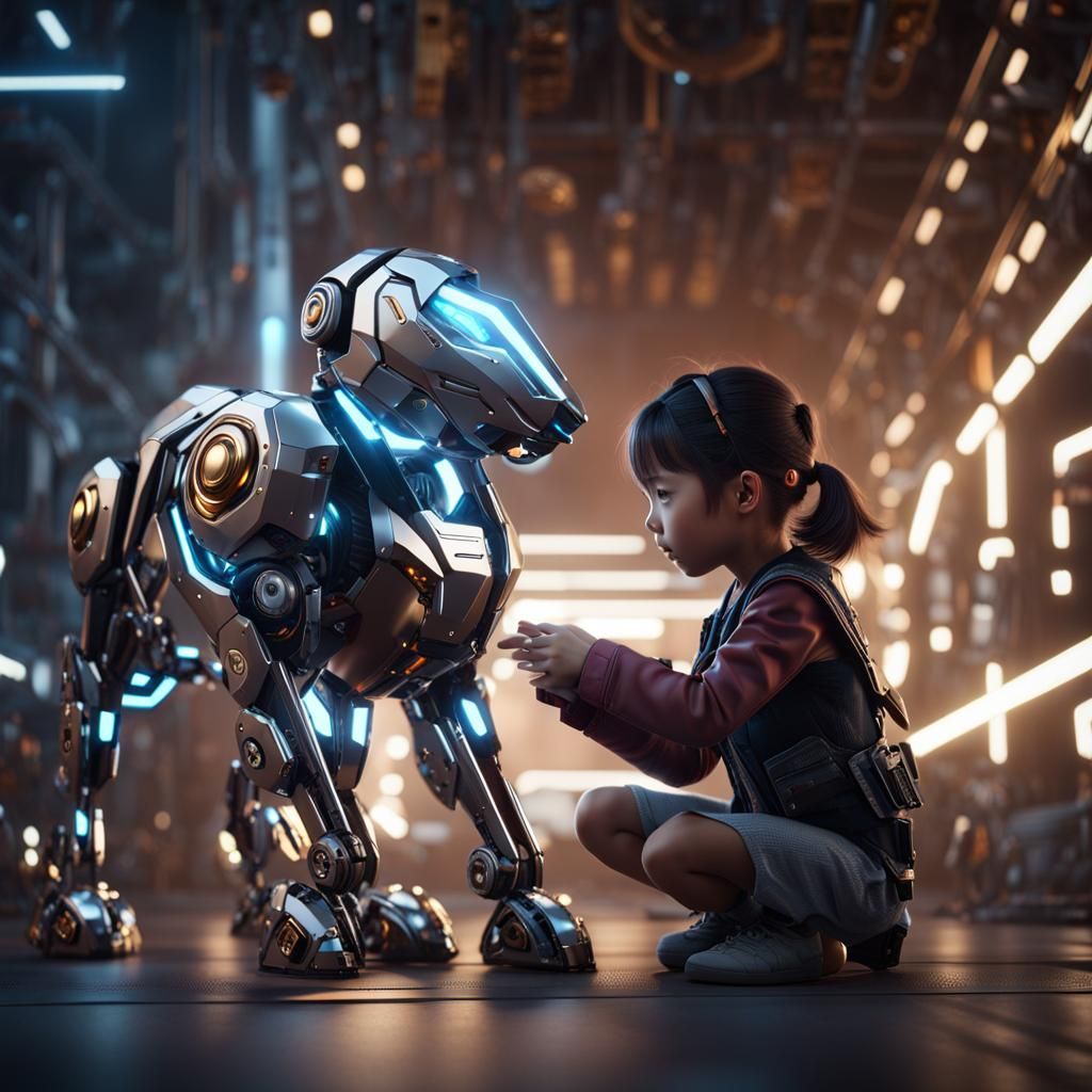 Girl and Cyborg Pet in Sci-Fi Style
