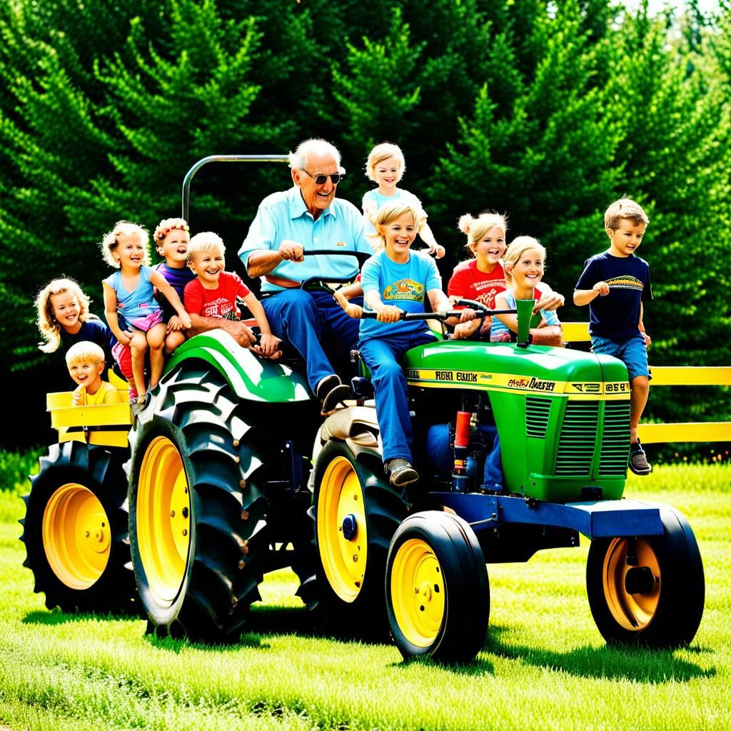 Grandpa giving the Grandkids A Ride on the Tractor