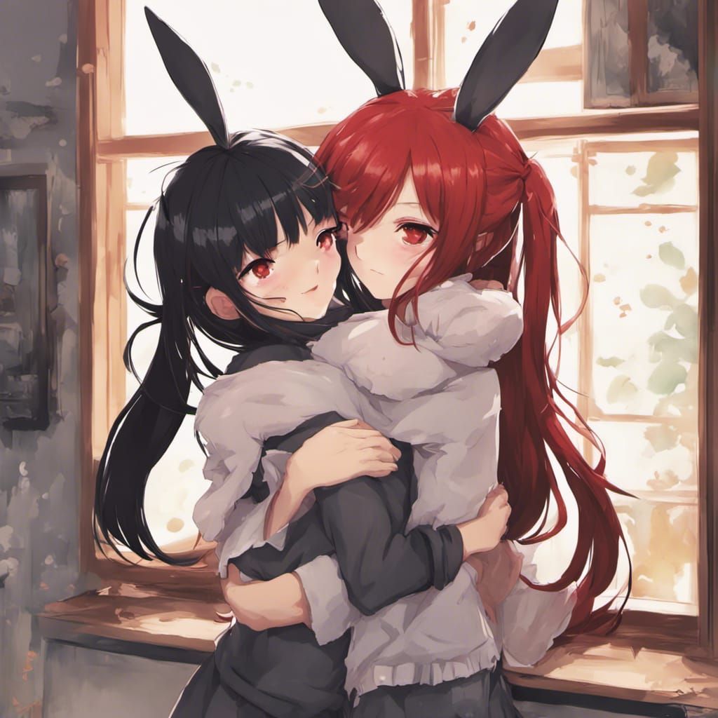 Anime Girls with Rabbit Ears Hugging