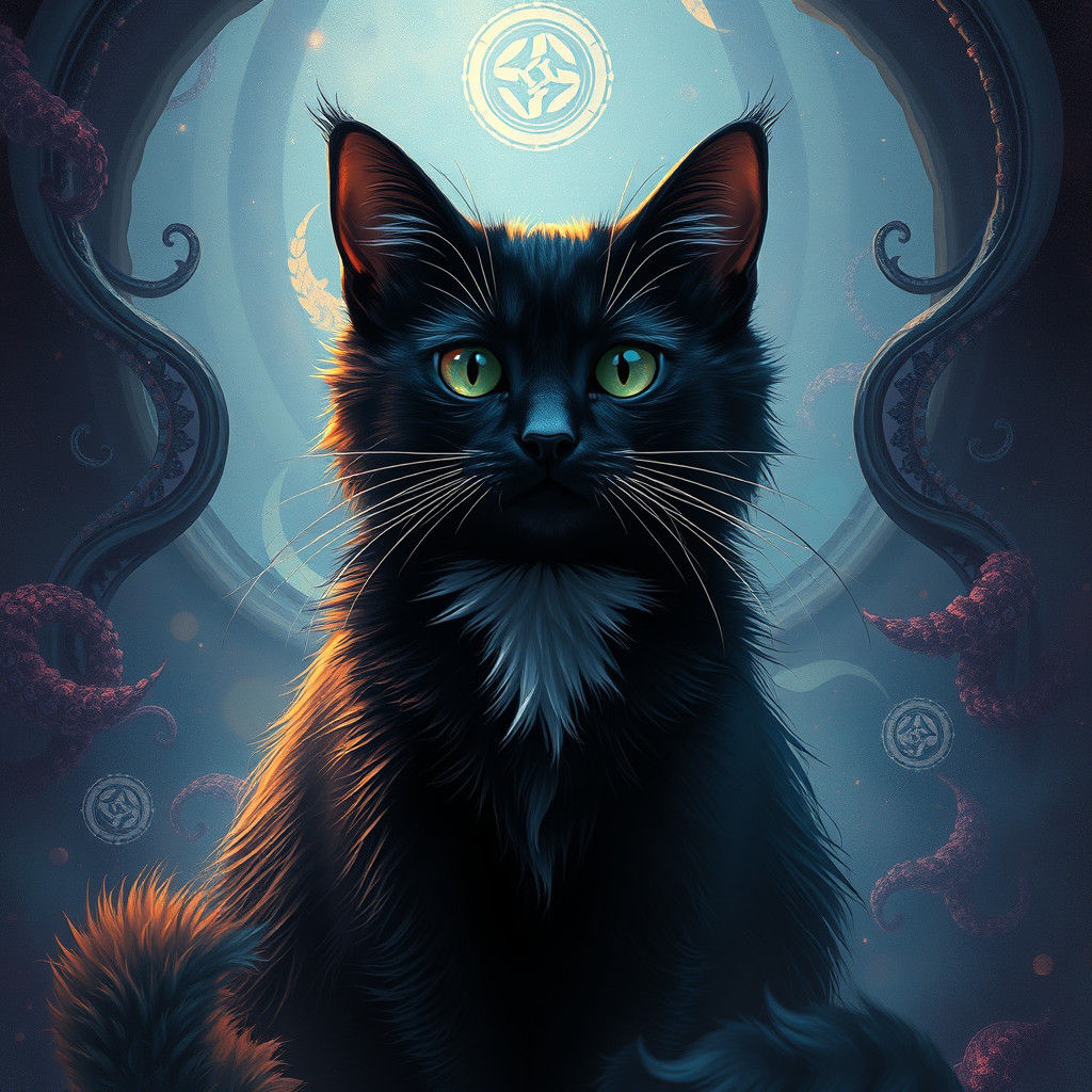 Mystical Black and White Cat in Matte Painting Style