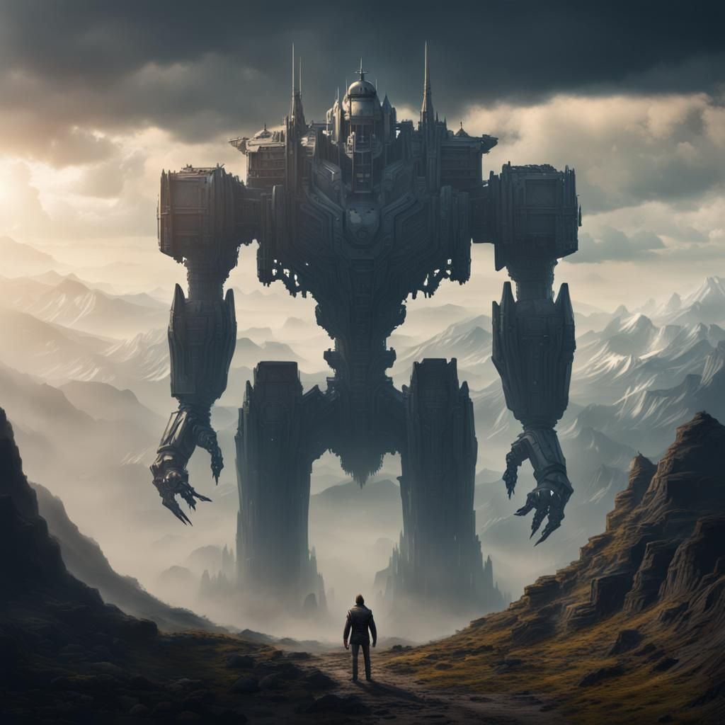 Imposing Robot God Towers Over Landscape