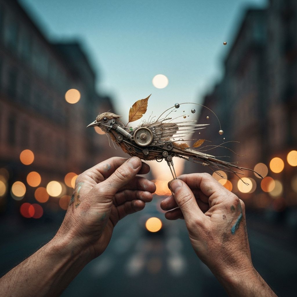 Hands Building Mechanical Bird from Urban Scraps