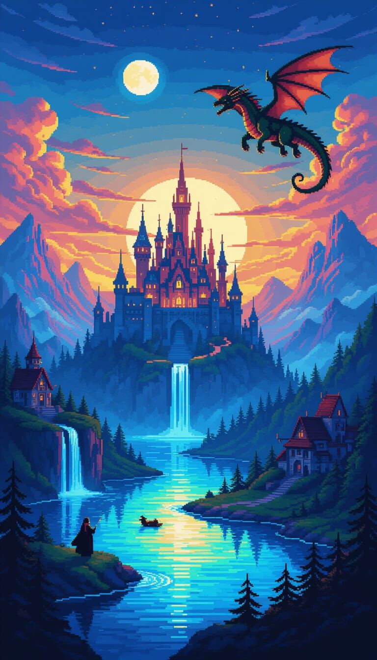 8-bit Pixel Art Fantasy Landscape with Dragons