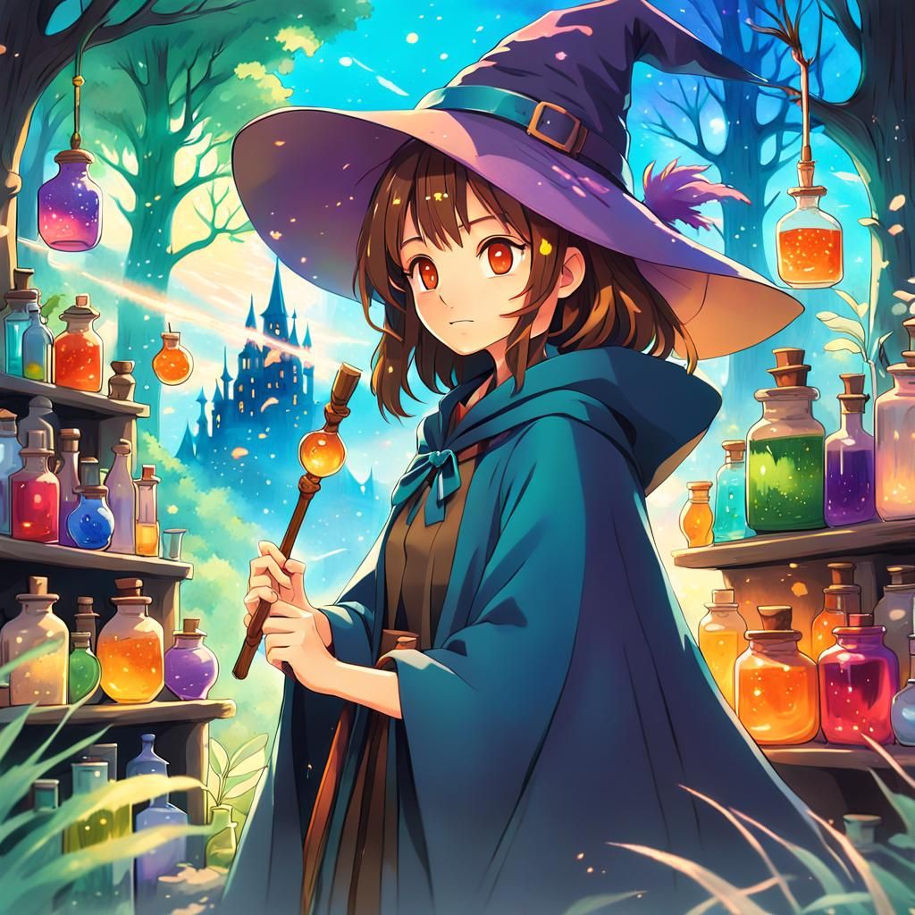 Enchanting Teenage Sorceress in Anime Style