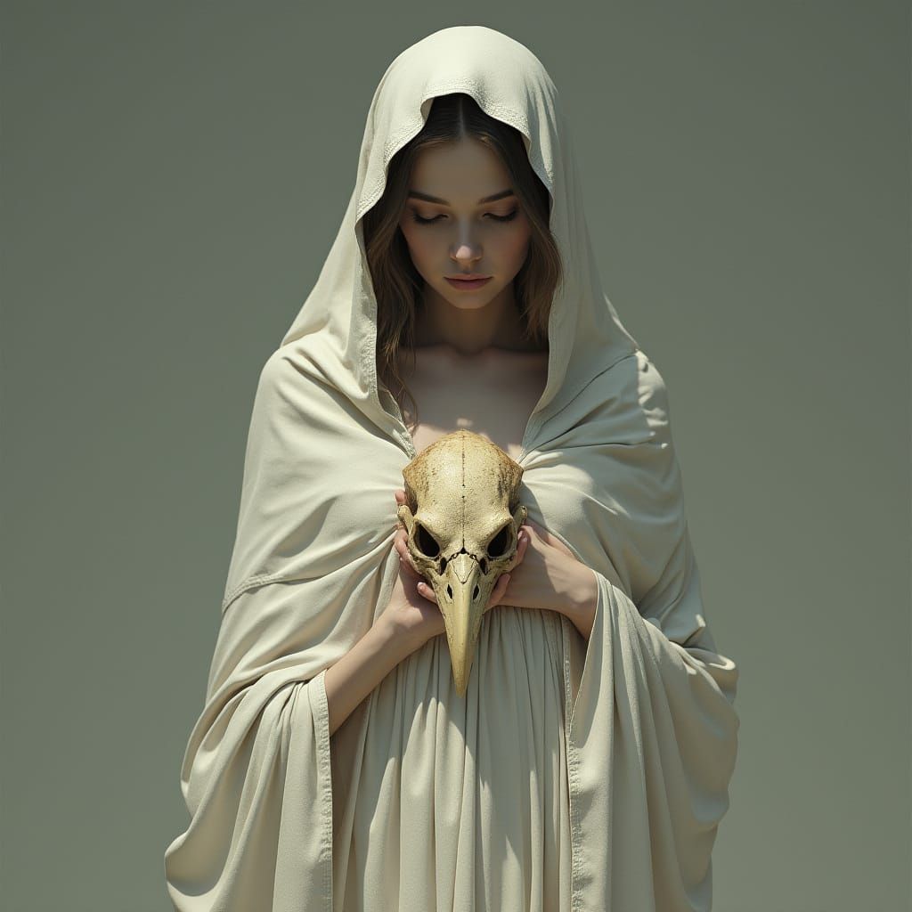 Goddess with Bird Skull Shadow, Mystical Art