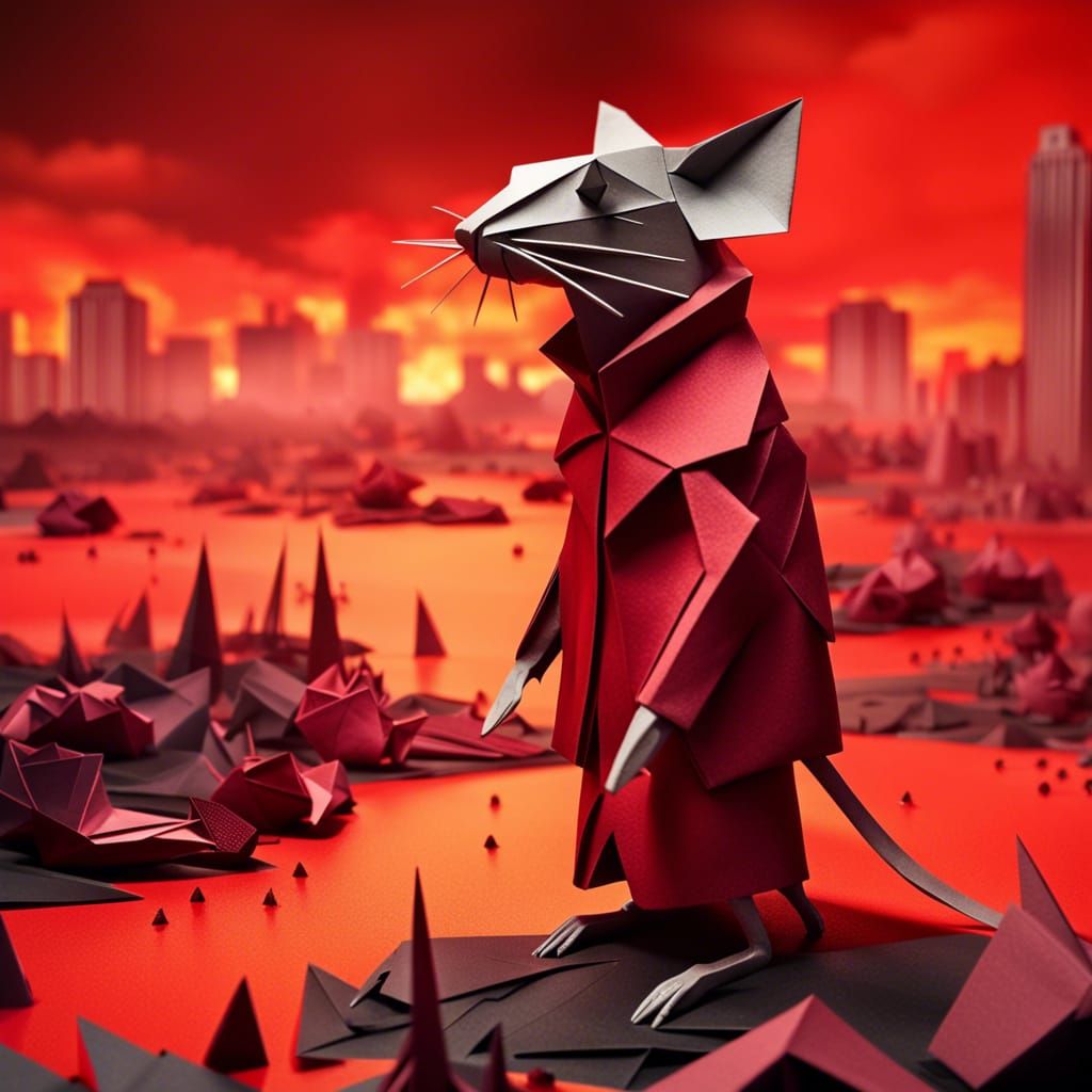 Post-Nuclear Cityscape: Origami Rat in Apocalyptic Fires
