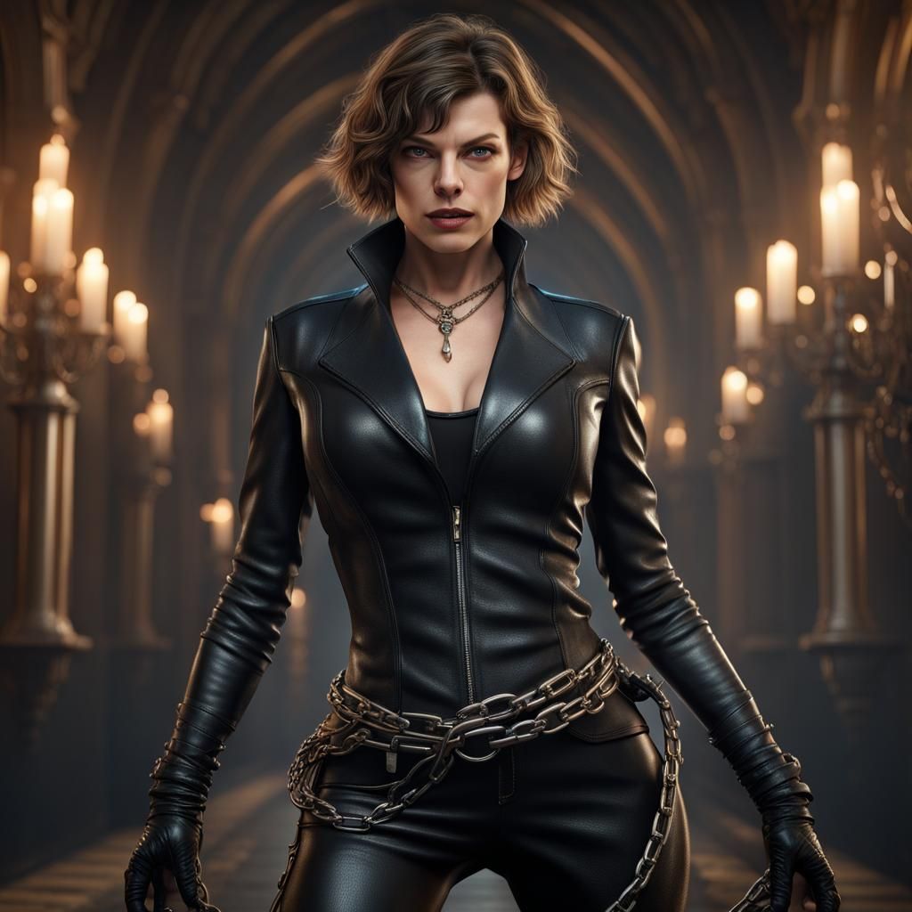 Heroic Mila Jovovich in Leather, Fantasy Art