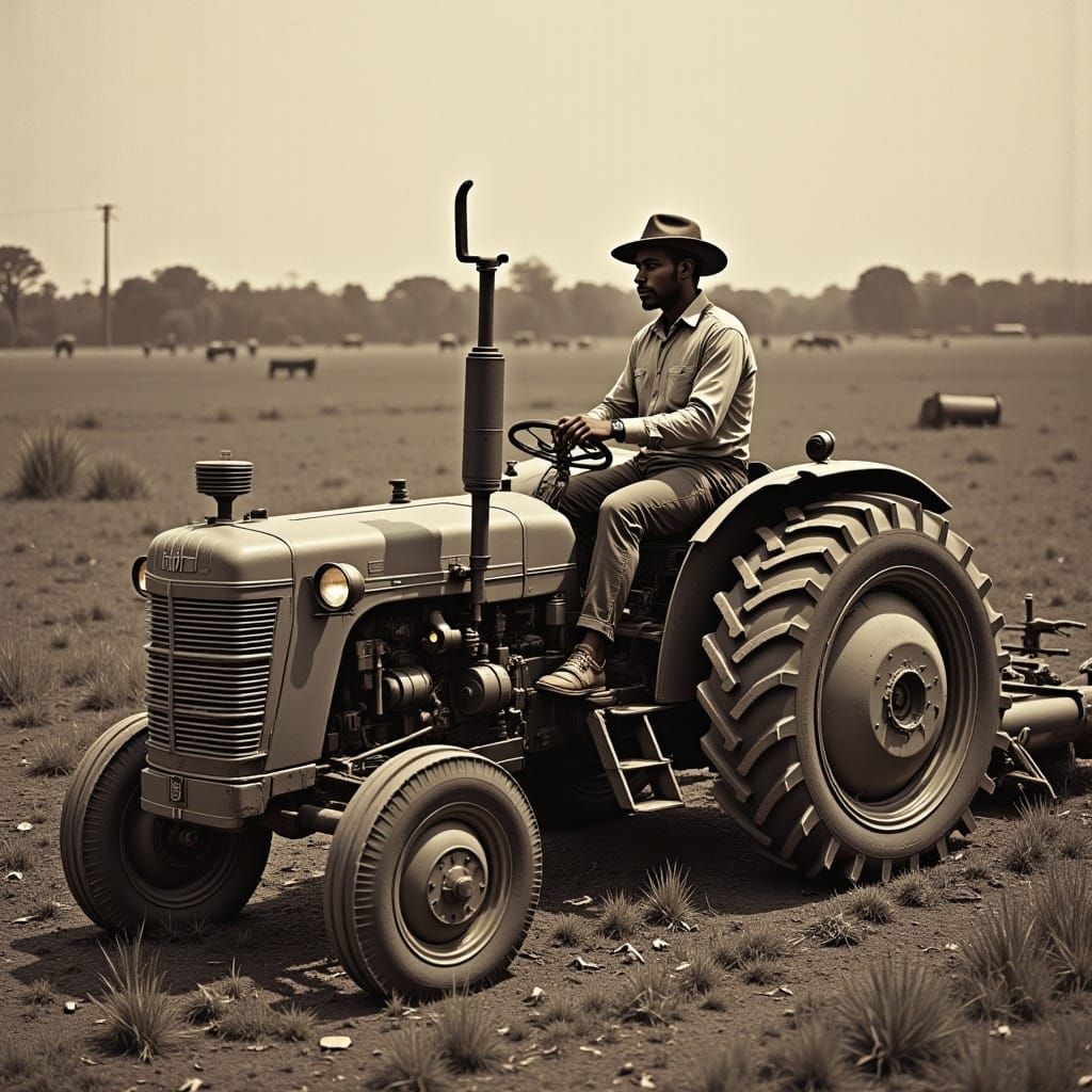 Farmer on Tractor in Sepia Tone Photography