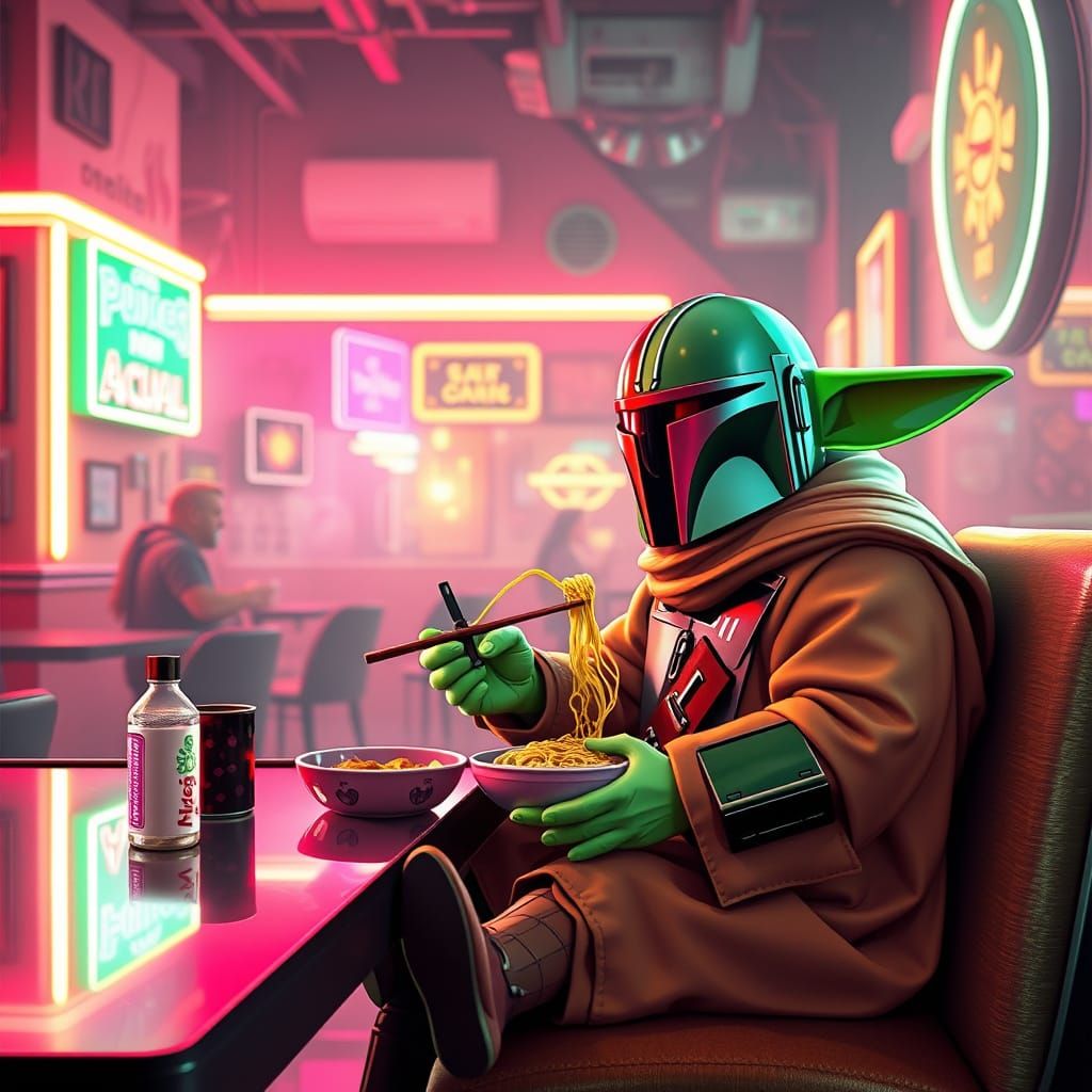 Grogu in Mos Eisley Cantina, Synthwave Neon Style