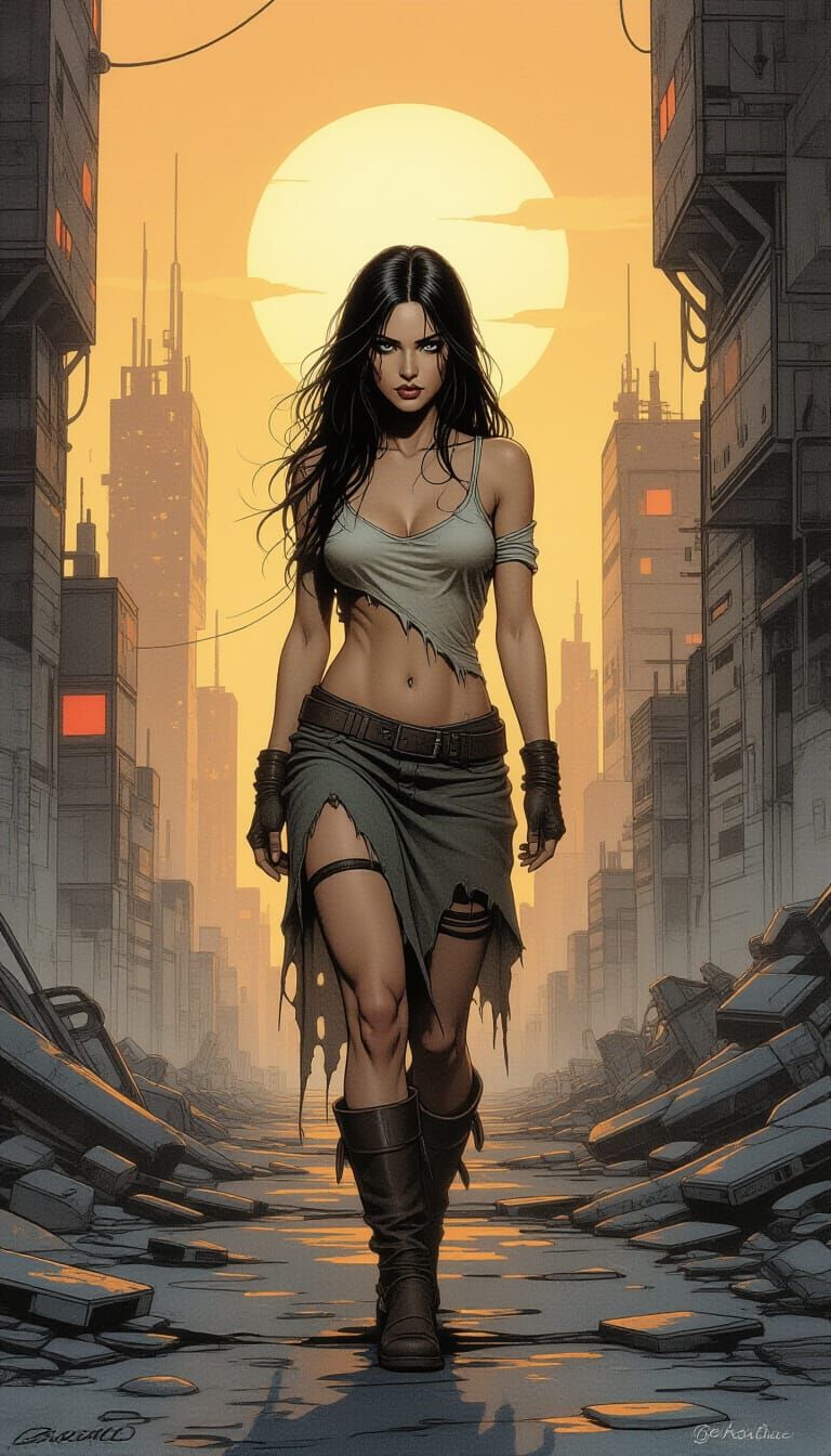 Druuna Explores Dying Sun City in Realistic Watercolor Style