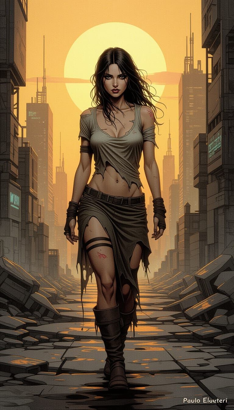 Druuna in a Decaying Futuristic City at Sunset
