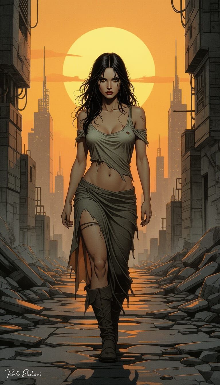 Druuna in a Decaying Futuristic City at Sunset