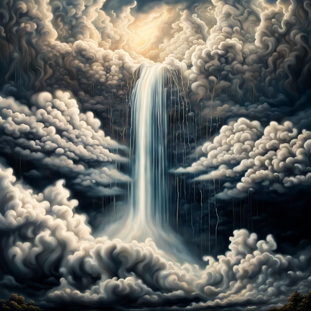 Surreal Cloud Waterfall in Hyperrealistic Style