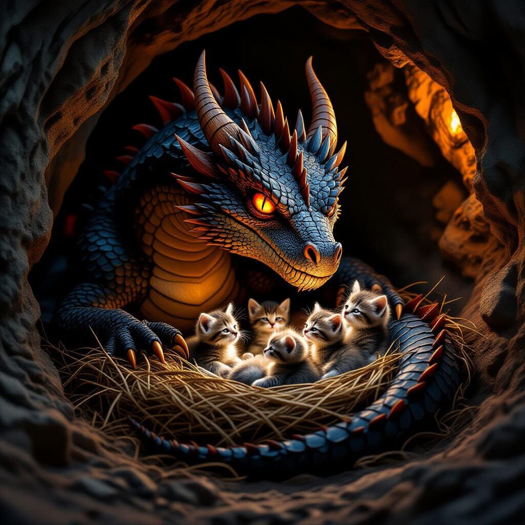 Dragon Protects Kittens: A Cinematic Film Still