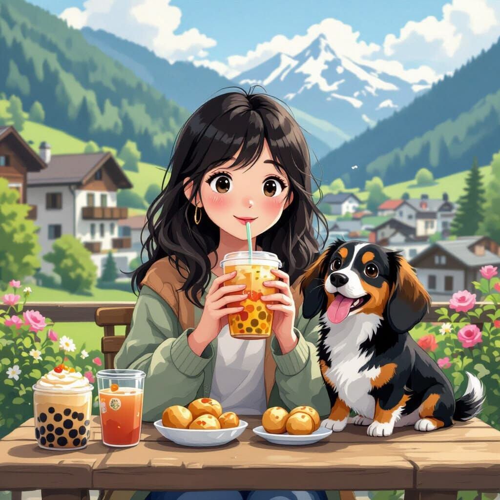Girl with Dachshund Enjoying Bubble Tea, Whimsical Art